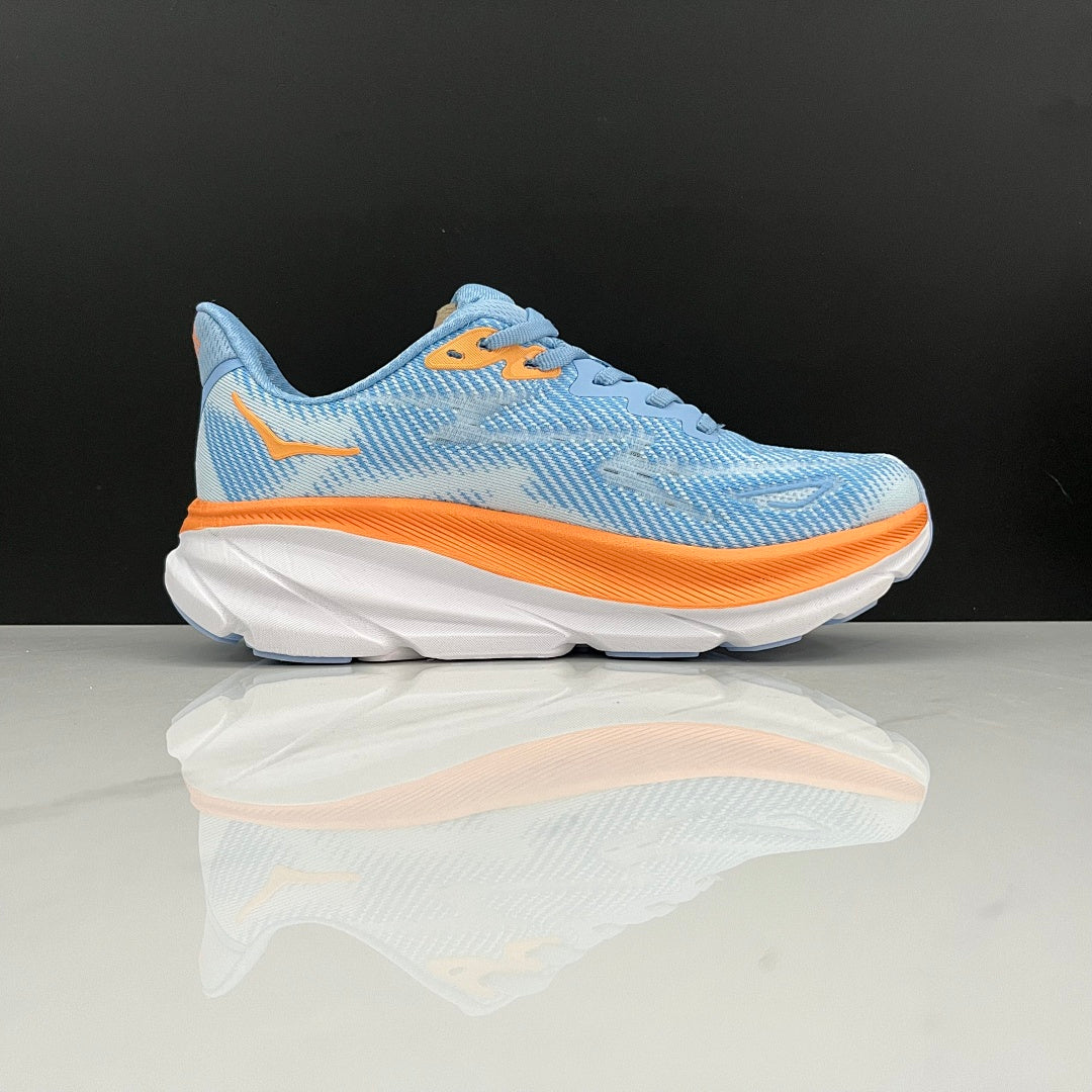 HOKA Clifton 9 Running Shoes in Blue and Orange - product image from the listing.