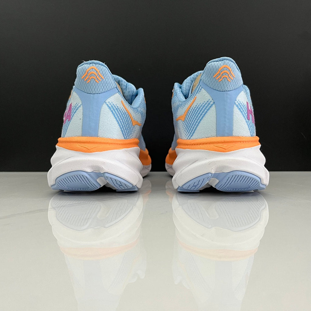 HOKA Clifton 9 Running Shoes in Blue and Orange - product image from the listing.