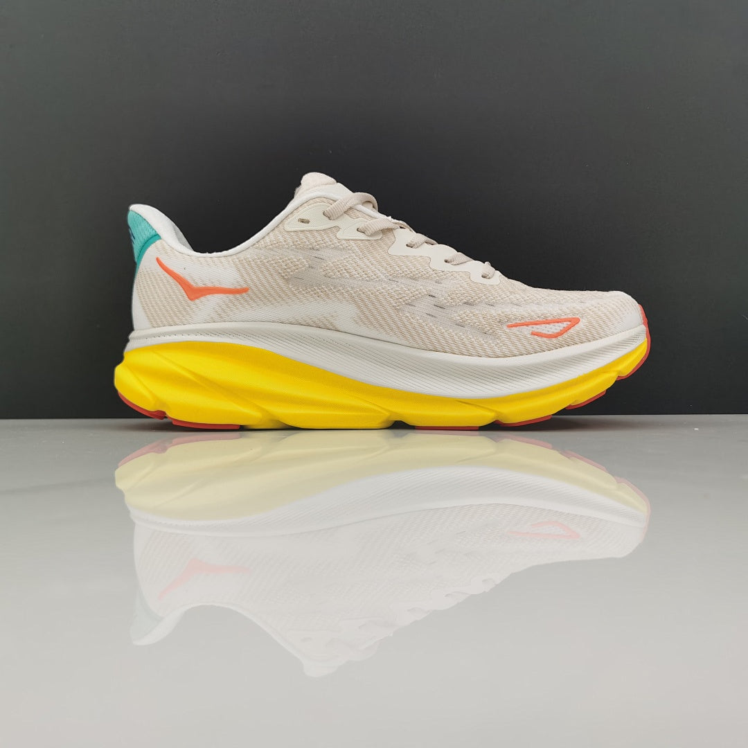 Cream and Yellow HOKA Clifton 9 Running Shoes - product image from the listing.