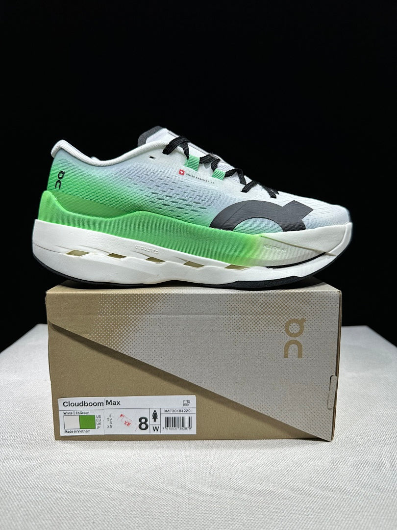 On Cloudboom Max Running Shoes, in White and Green - product image from the listing.