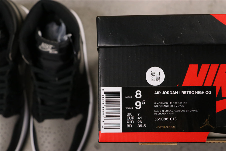 Air Jordan 1 High Shadow in Black Grey White 555088-013 - product image from the listing.