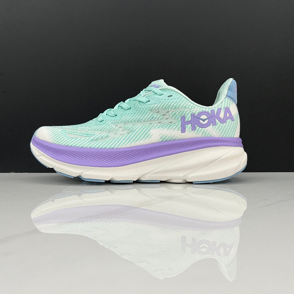 HOKA Clifton 9 Running Shoes, in Mint Green and Purple - product image from the listing.