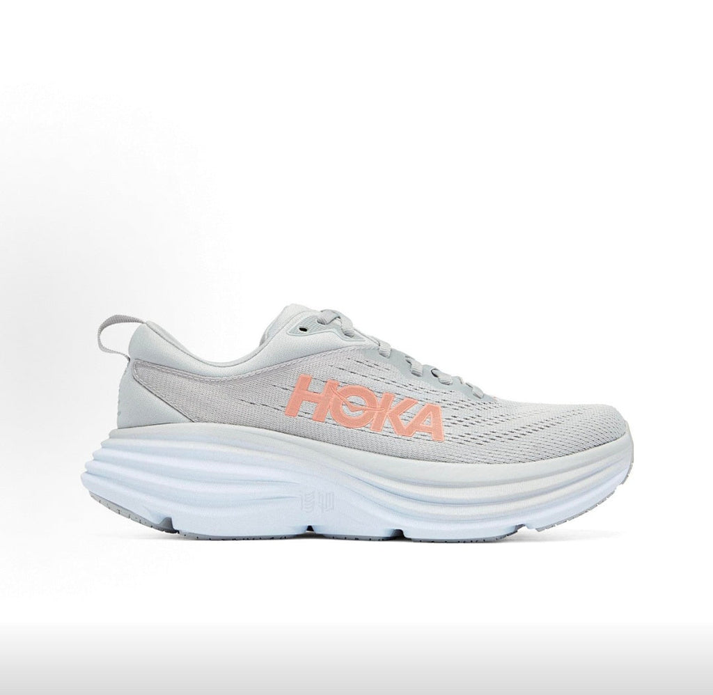 HOKA Bondi 8 Running Sneakers in Gray and Coral - product image from the listing.