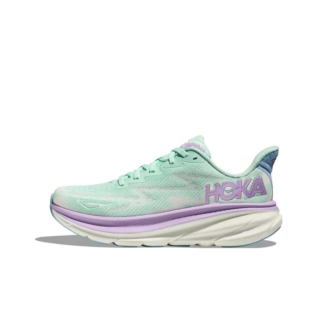 HOKA Clifton 9 Running Shoes, in Mint Green and Purple - product image from the listing.