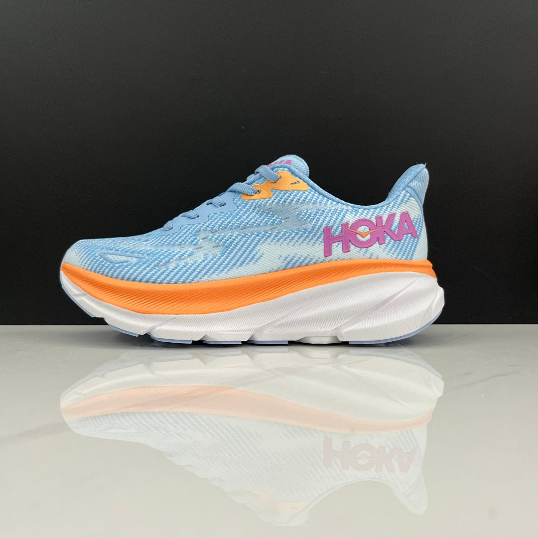 HOKA Clifton 9 Running Shoes in Blue and Orange - product image from the listing.
