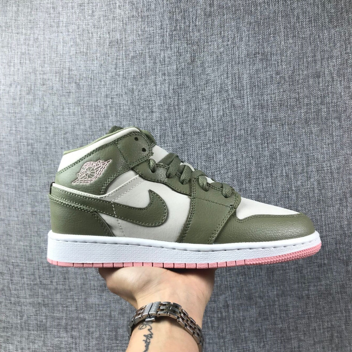 Olive Green and White Air Jordan 1 Mid GG Sneakers - product image from the listing.
