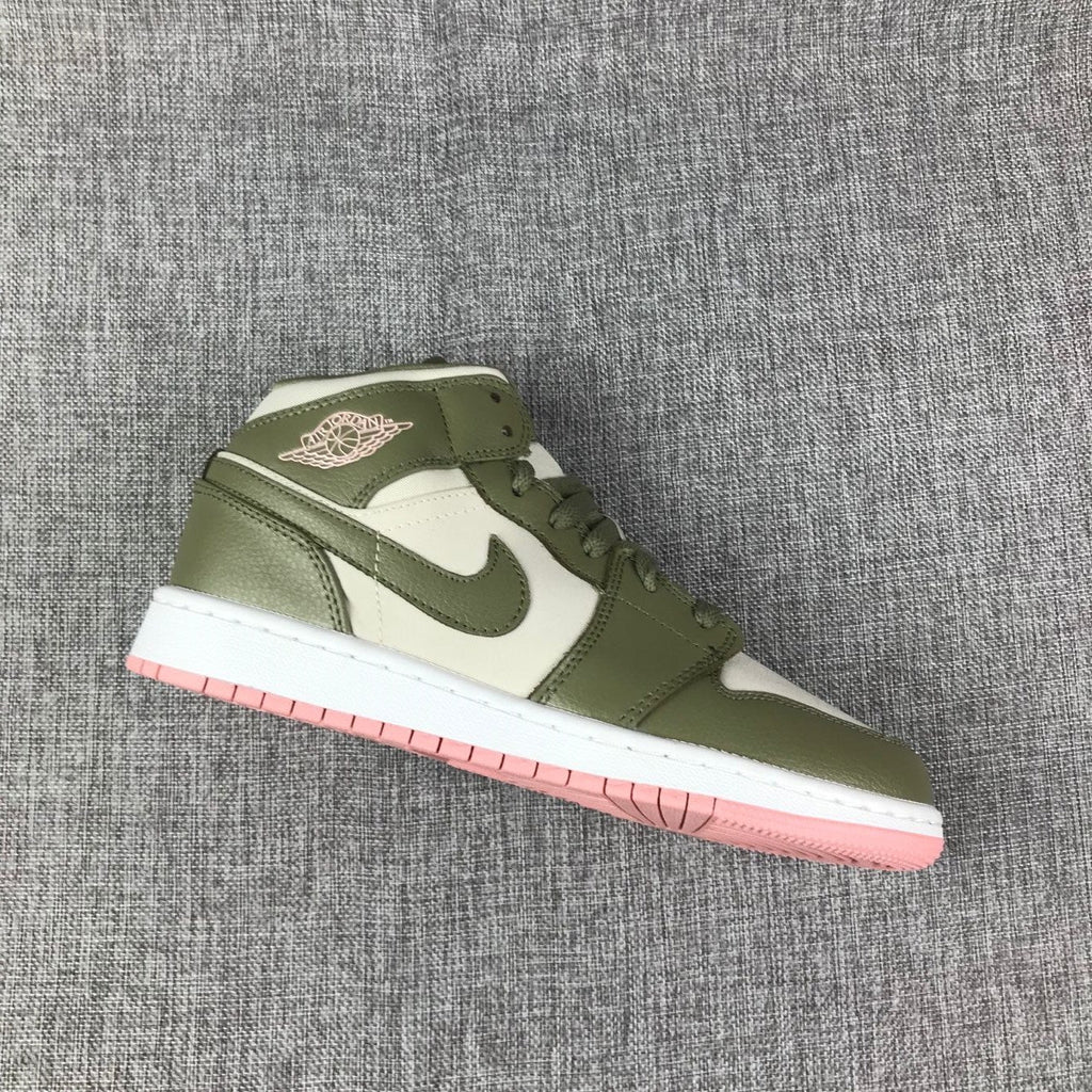 Olive Green and White Air Jordan 1 Mid GG Sneakers - product image from the listing.