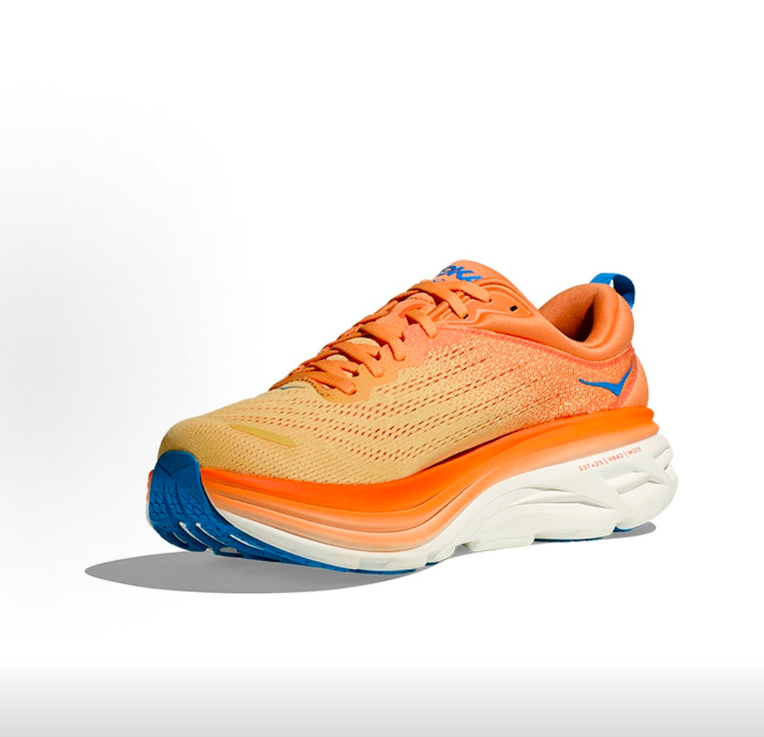 Orange and Blue HOKA Bondi 8 Running Shoes - product image from the listing.
