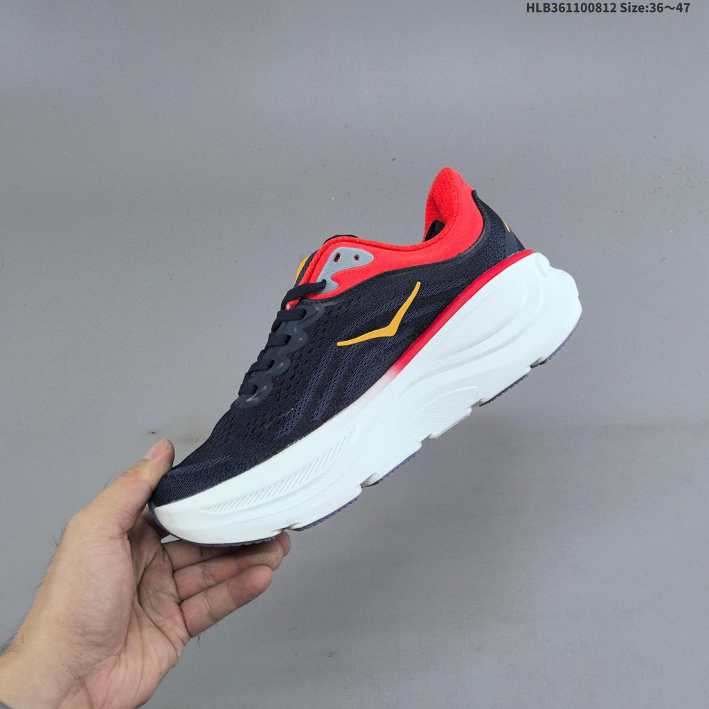 HOKA Bondi 9 Running Shoes in Navy, in Red and Yellow - product image from the listing.