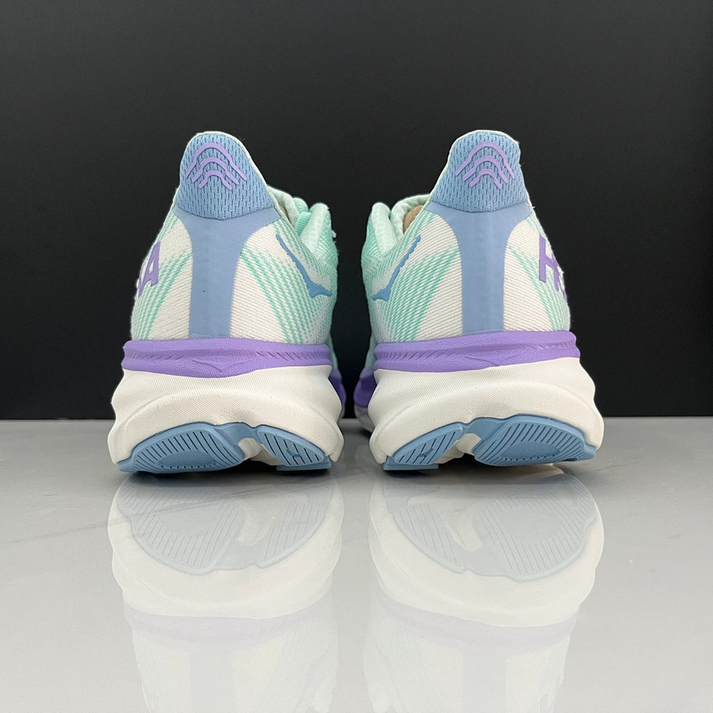HOKA Clifton 9 Running Shoes, in Mint Green and Purple - product image from the listing.