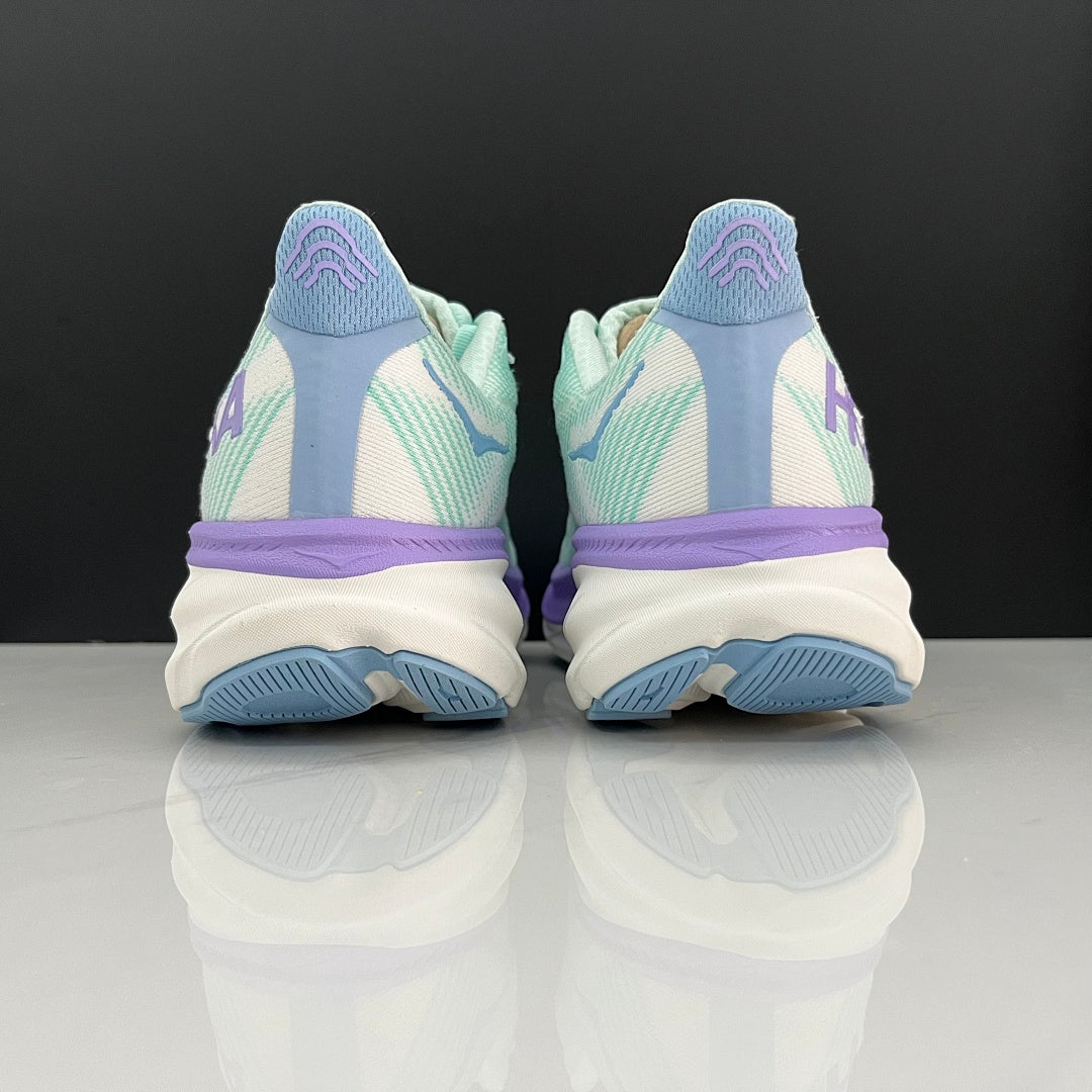 HOKA Clifton 9 Running Shoes, in Mint Green and Purple - product image from the listing.
