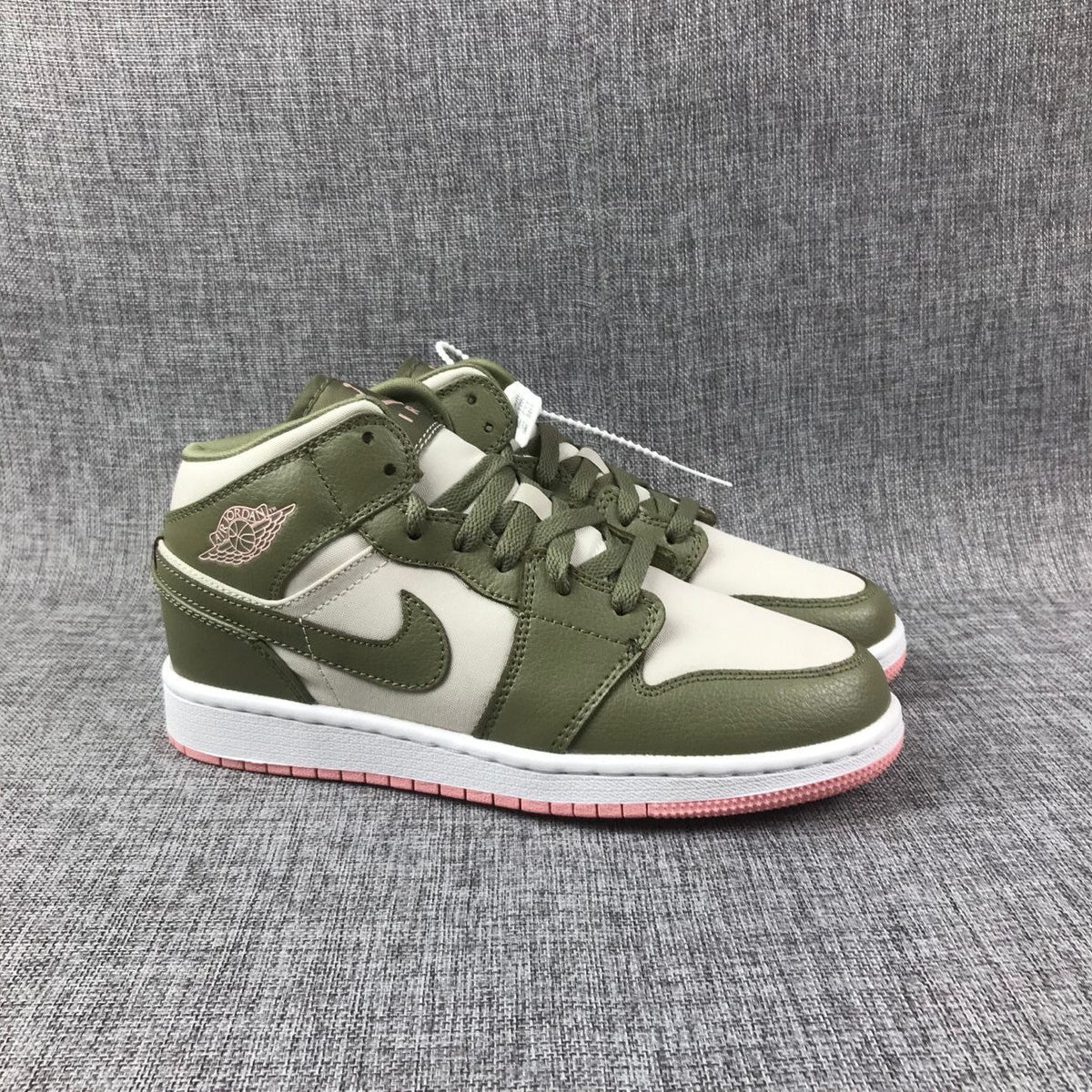 Olive Green and White Air Jordan 1 Mid GG Sneakers - product image from the listing.