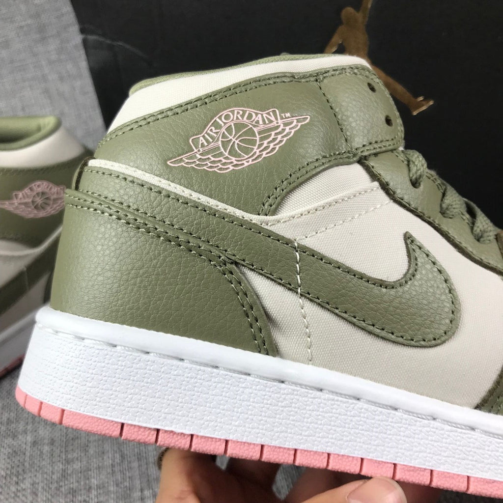 Olive Green and White Air Jordan 1 Mid GG Sneakers - product image from the listing.