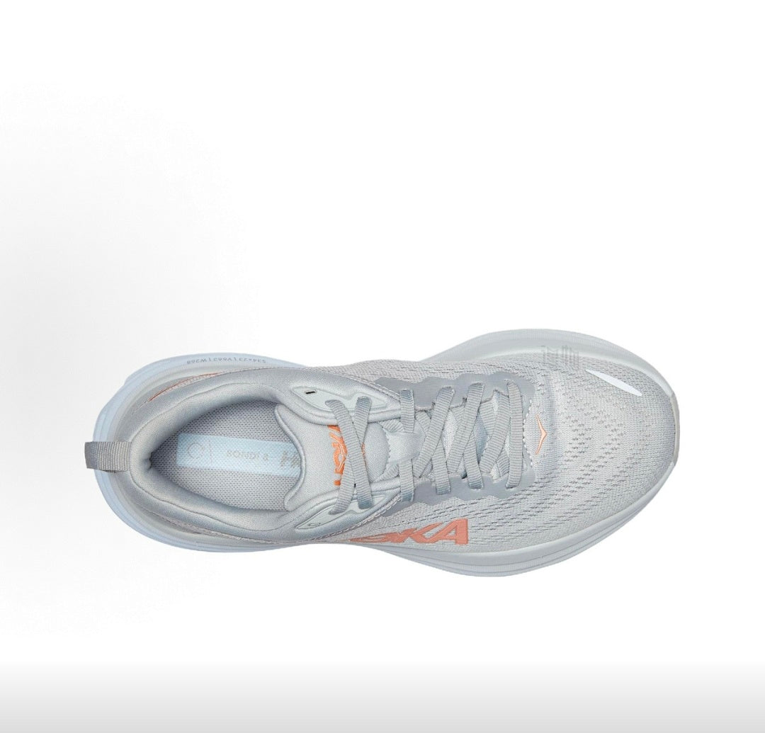 HOKA Bondi 8 Running Sneakers in Gray and Coral - product image from the listing.