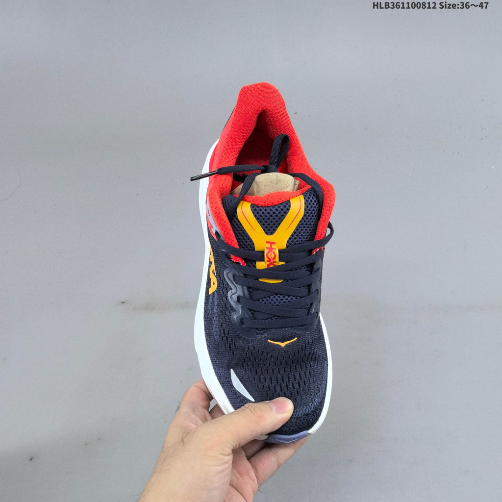 HOKA Bondi 9 Running Shoes in Navy, in Red and Yellow - product image from the listing.
